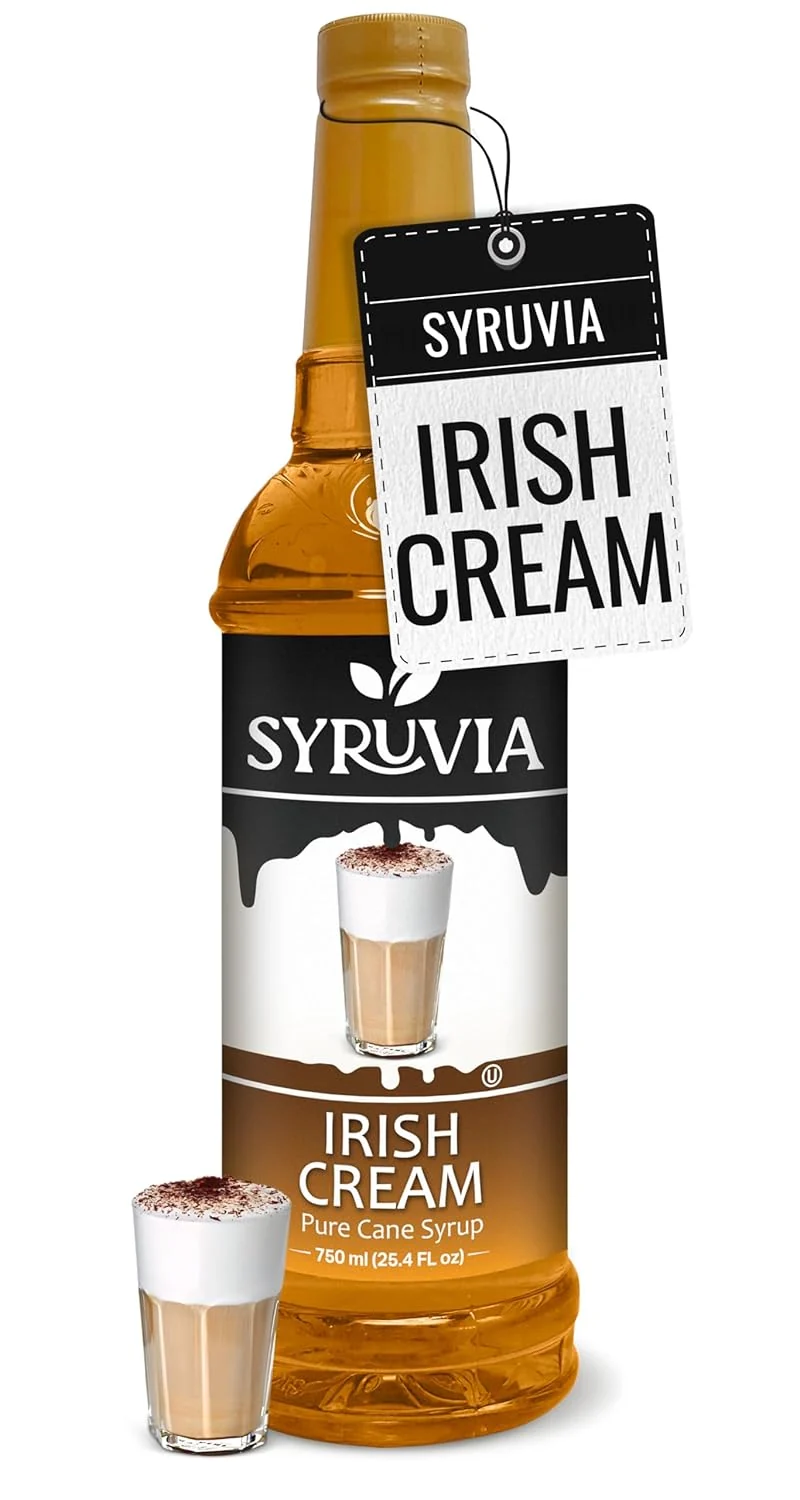 Top-Quality Syruvia Irish Cream Syrup for Coffee - 25.4 fl oz. Kosher and Gluten-. for Enhancing Drinks Sodas Shakes Desserts and More. Versatile