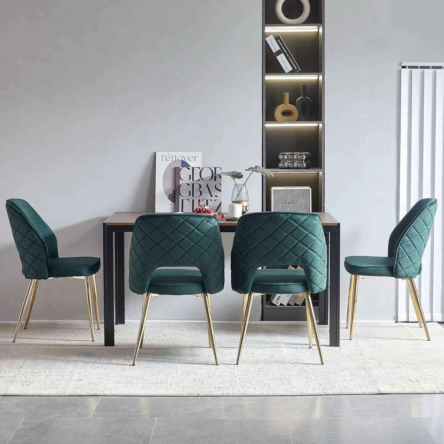 Organic Forest Green Velvet Upholstered Dining Chairs Gold Legs Durable