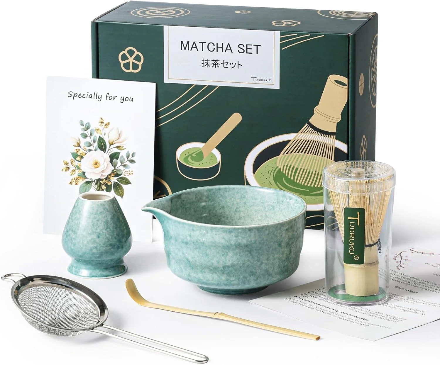 Official Matcha Whisk Set - Bamboo Whisk and Holder Bowl with Spout 17 oz Matcha Sifter and Scoop Advanced