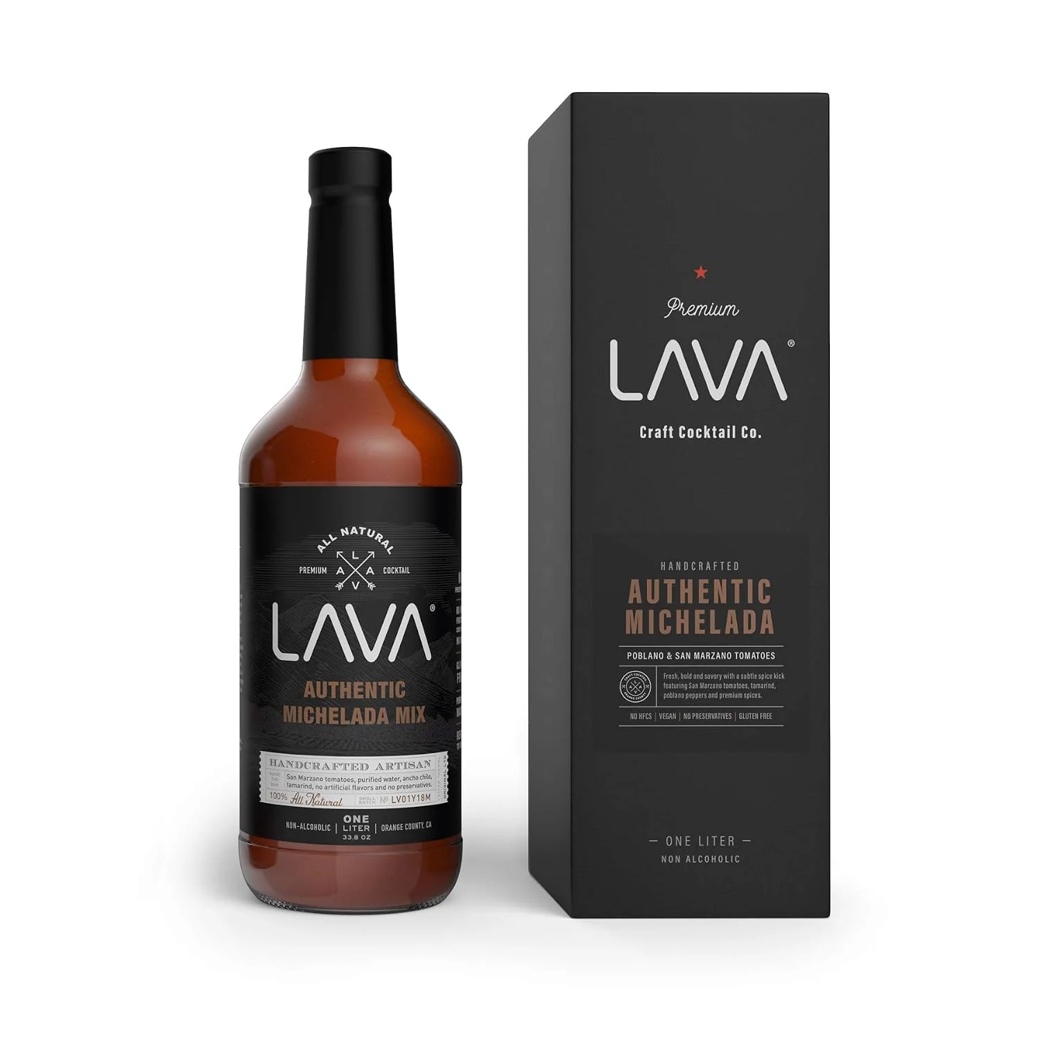 Selected LAVA Premium Michelada Mix Craft Cocktail Mixer Made with Tomatoes Ancho Chile Peppers Tamarind No Junk Ingredients Vegan 1-Liter 33.8oz Glass Bottle Ready to Use Next-Generation