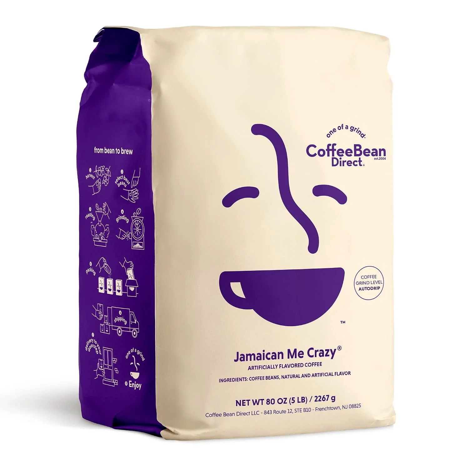 Solid Coffee Bean Direct Jamaican Me Crazy® Flavored Ground 5lb Bag Light Roast Vanilla Caramel Crème Flavored Coffee Ground for Drip or Pour Over Modern