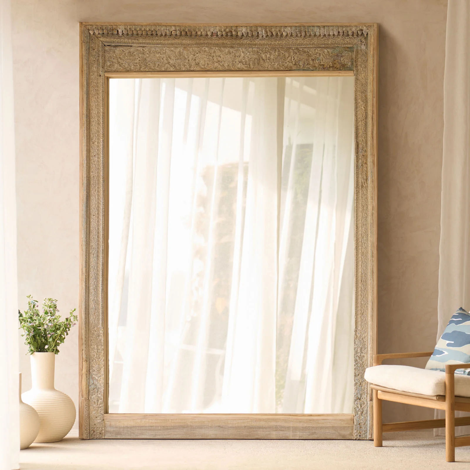 Sustainable Vintage Carved Teak Mirror Natural Carefully Designed