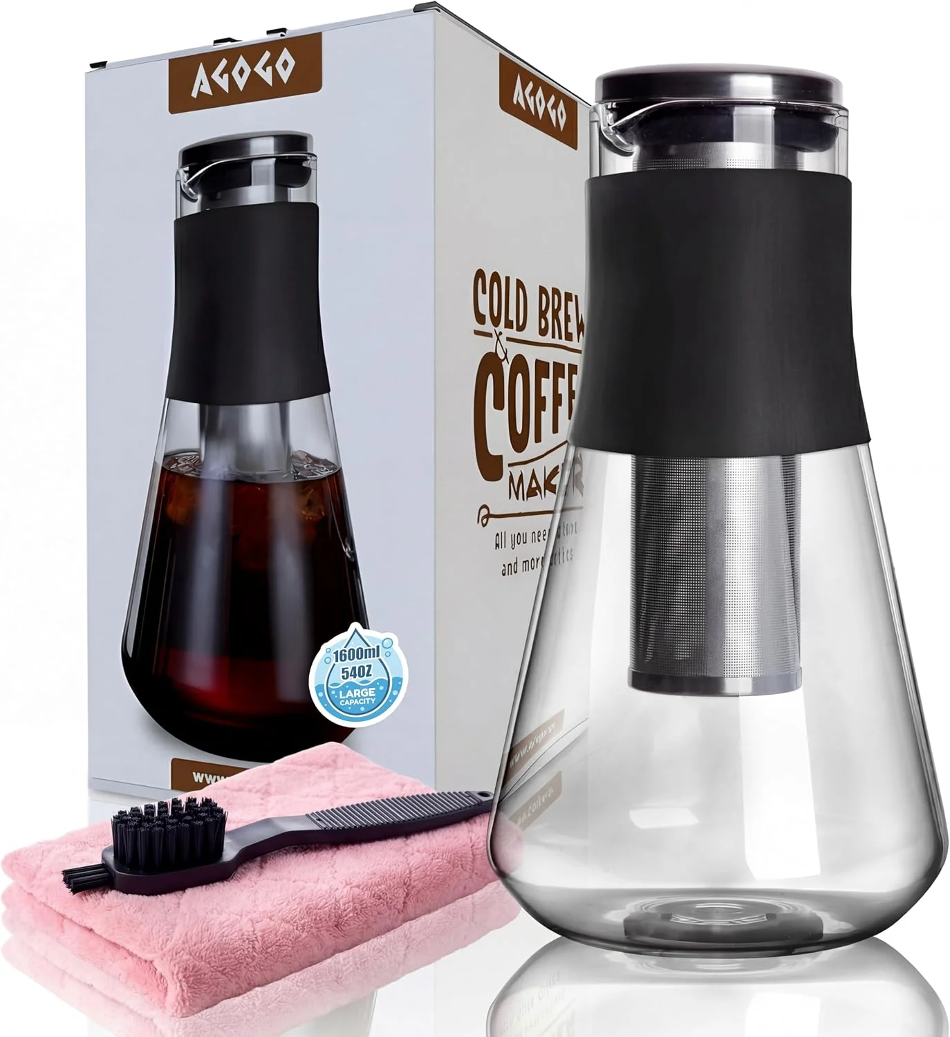 Powerful AGOGO 54oz Glass Coffee Maker amp Pitcher for Iced Tea amp Fruit Infusions Thermal-resistant borosilicate removable metal filter and anti-scald grip for family breakfasts office sharing or gifts Lightweight