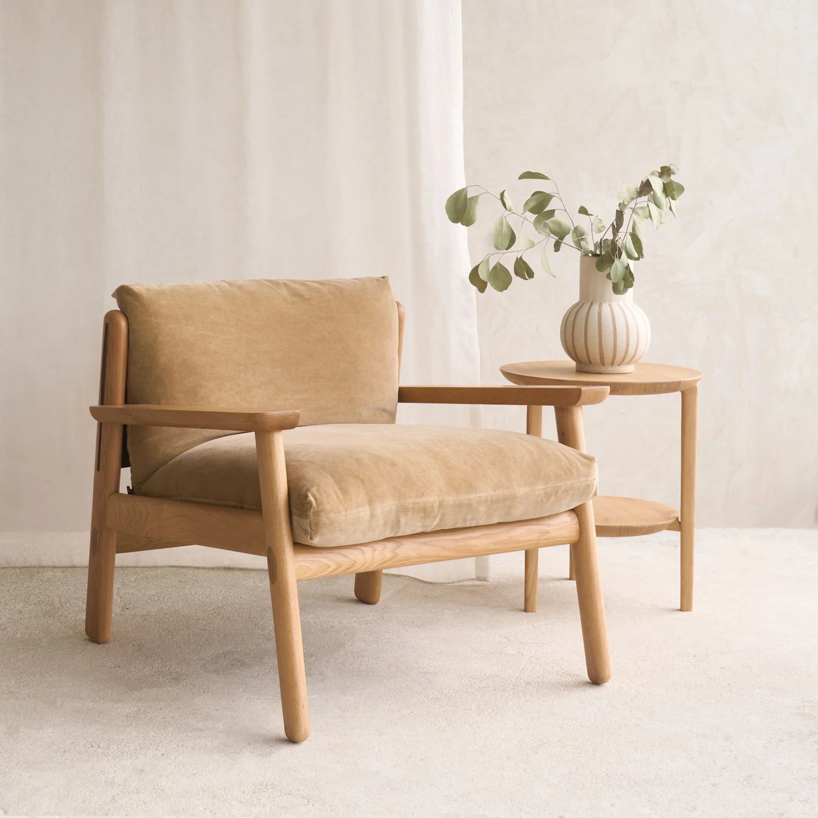 Crafted Wren Armchair Oak with Brown Leather Harness - Canopy Fashionable