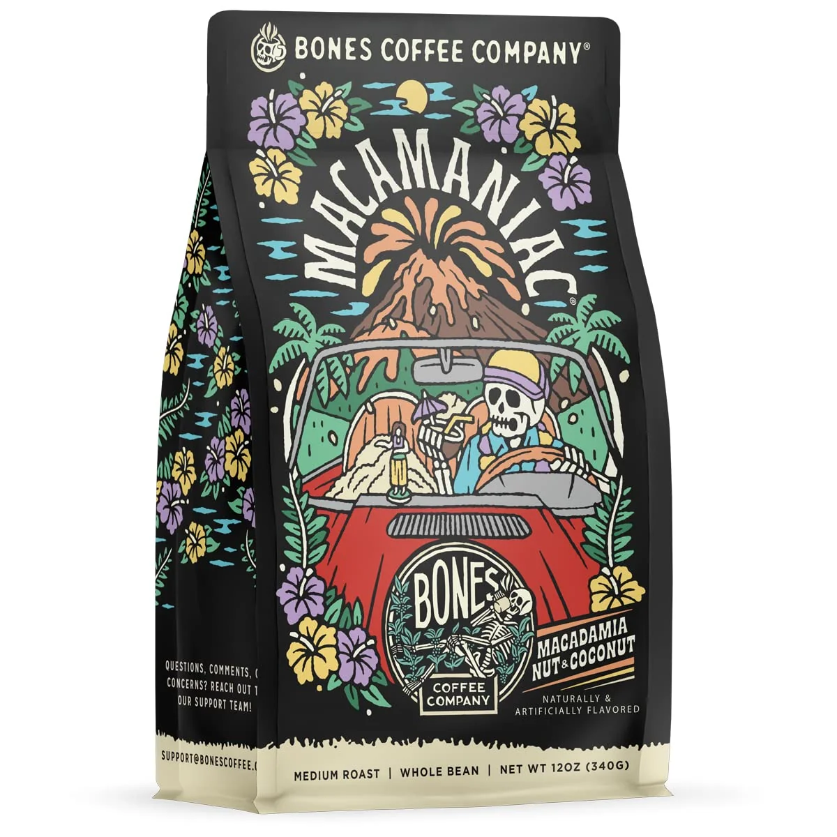 Convenient Bones Coffee Company Macamaniac Macadamia and Coconut Flavored Coffee Medium Roast Low Acid Arabica Beans Compatible with Auto drip and French Press Coffee Maker 12 Oz Ground Exceptional