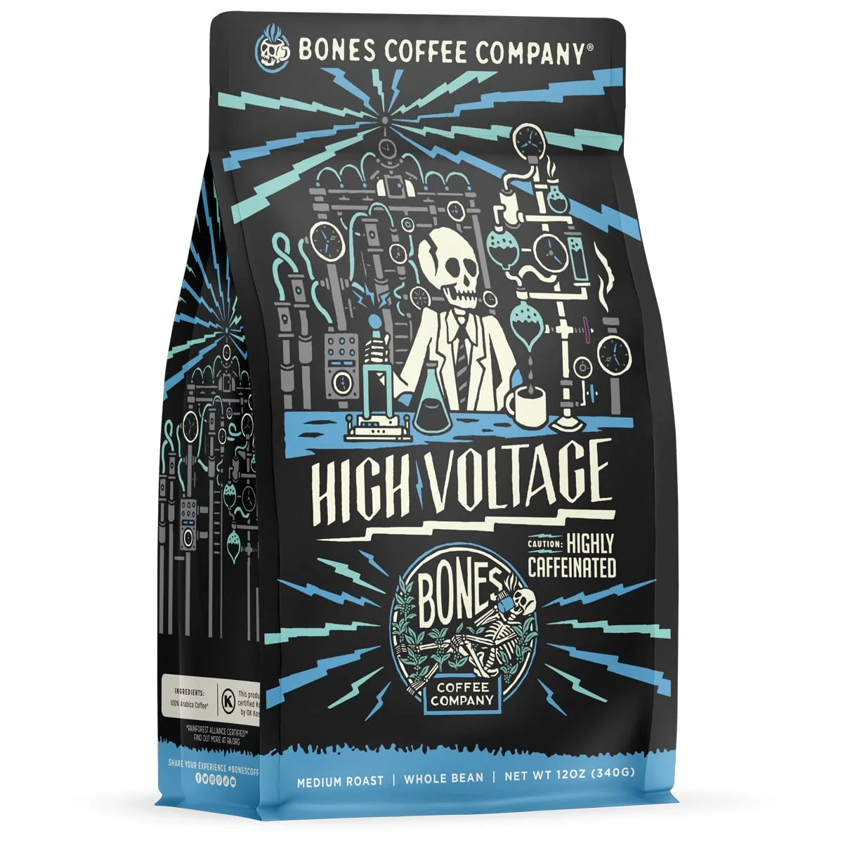 Classic Bones Coffee Company High Voltage Highly Caffeinated Unflavored Coffee Medium Roast Low Acid Arabica Beans Compatible with Auto drip and French Press Coffee Maker 12 Oz Ground Carefully Designed