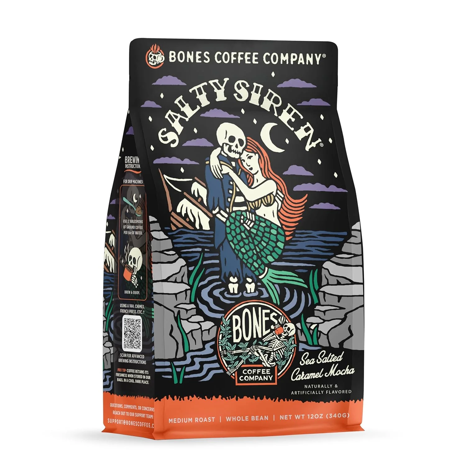 Expertly Made Bones Coffee Company Salty Siren Sea Salted Caramel Chocolate Flavored Coffee Medium Roast Low Acid Arabica Beans Compatible with Auto drip and French Press Coffee Maker 12 Oz Whole Bean Modern