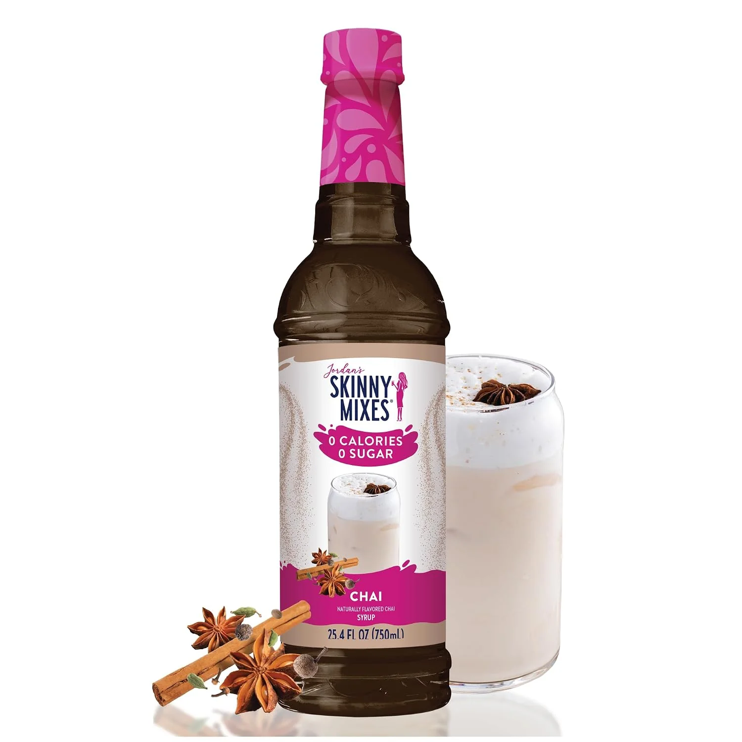 Smart Jordan's Skinny Chai Coffee Flavoring Syrup 25.4 fl oz 0g sugar 0 calories 0g carbs Keto-friendly and kosher 25 servings per bottle Mixes into lattes shakes and cocktails High-Performance