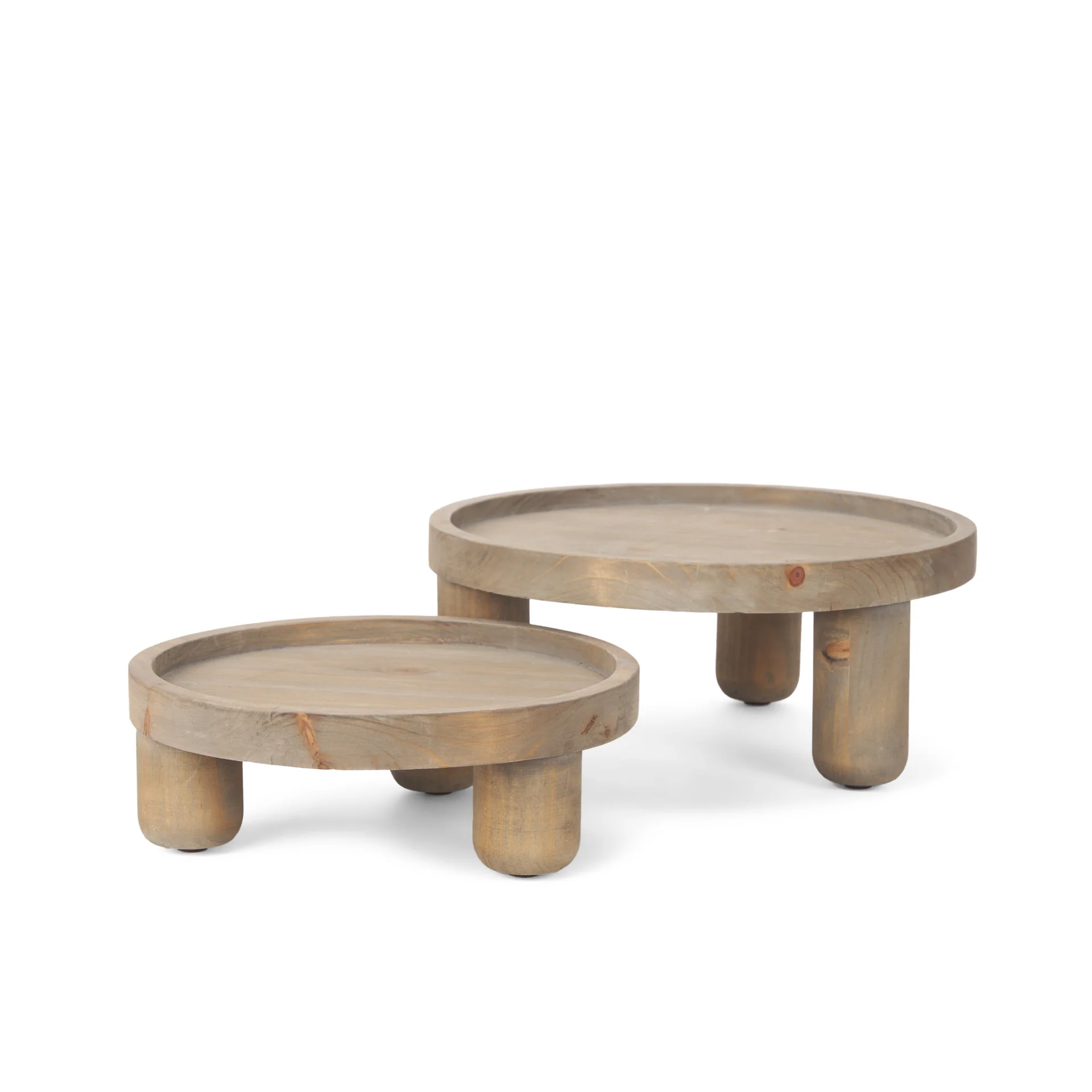 Convenient Virve Round Light Brown Wood w Gray Wash Wooden Trays Smooth