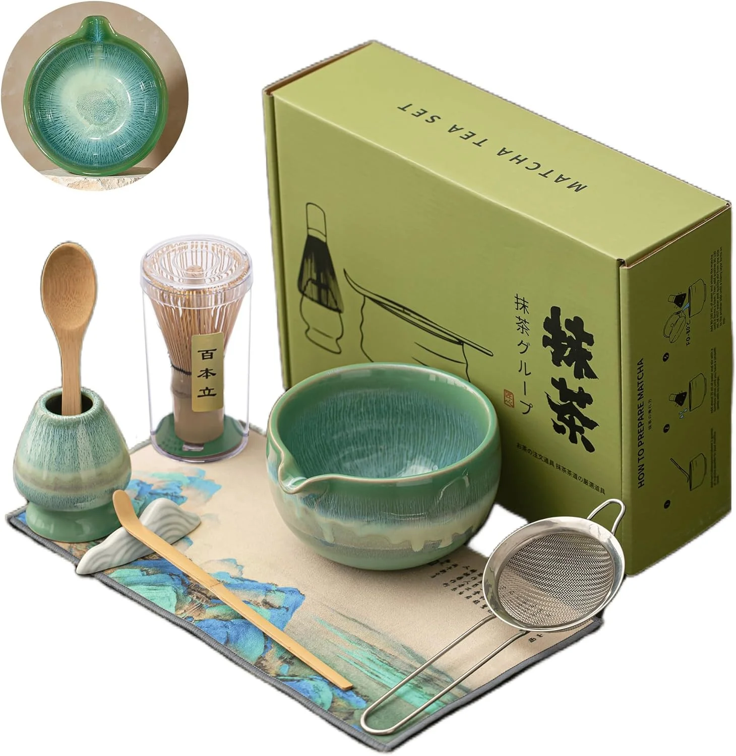 First-Class Matcha Whisk Set with Ceramic Bowl - Bamboo Whisk Chasen Scoop Sifter Holder - Complete Kit for Traditional Matcha Tea - Unique Gifts for Women Original
