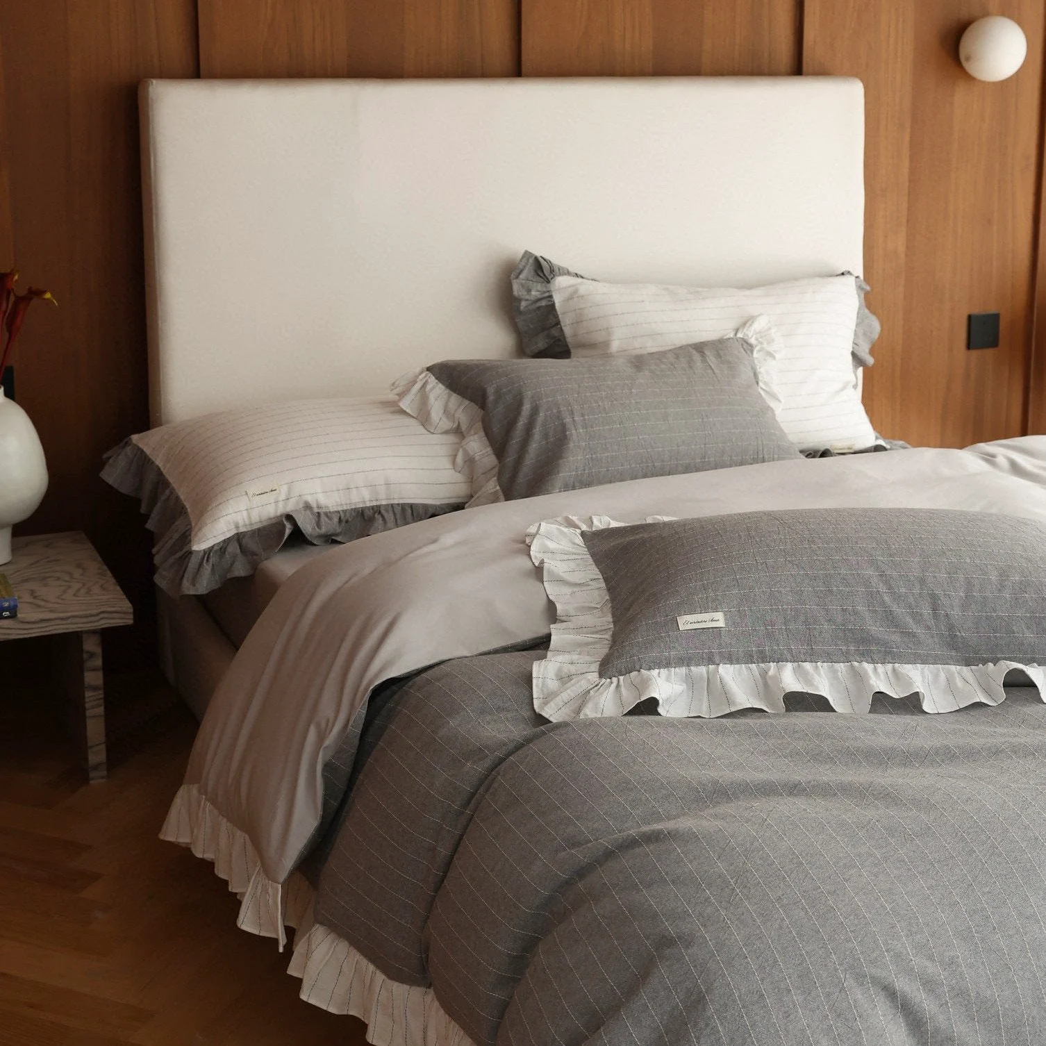 Consistent Soft Gray Ruffled Bedding Set Crafted