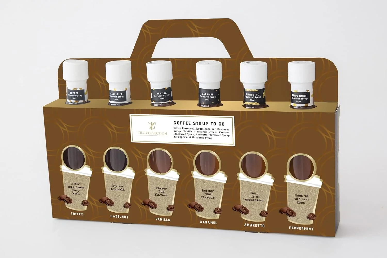 Durable Premium Coffee Syrup Gift - Set 6 x 75ml Assorted Flavoured Syrup For Coffee Including Vanilla Caramel Toffee Hazelnut Amaretto Peppermint Coffee Long-Lasting