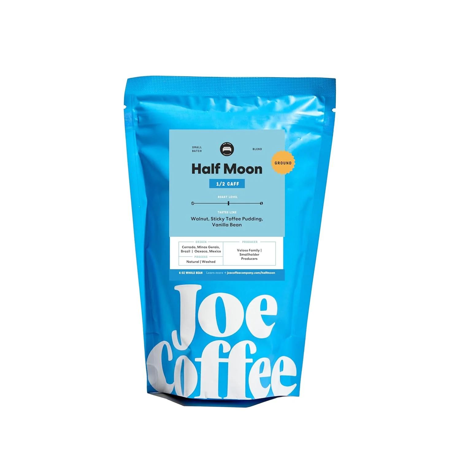 Crafted Joe Coffee Company - Half Moon Half Caffeinated Ground Specialty Coffee 6 oz Bag NYC Roaster Rainforest Alliance Kosher Top-Quality
