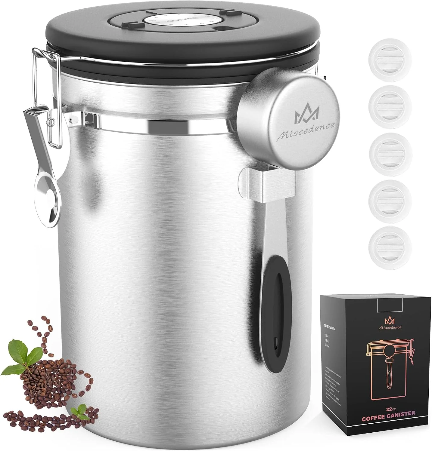 Unique Coffee canister for ground coffee with Scoop Date Tracker One Way Co2 Valve 304 Stainless Steel Kitchen Food Airtight storage container for Coffee Beans Grounds Tea Sugar Silver 22oz First-Class