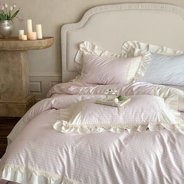 Breathable Houndstooth Sweet Ruffle Bedding Set Optimized