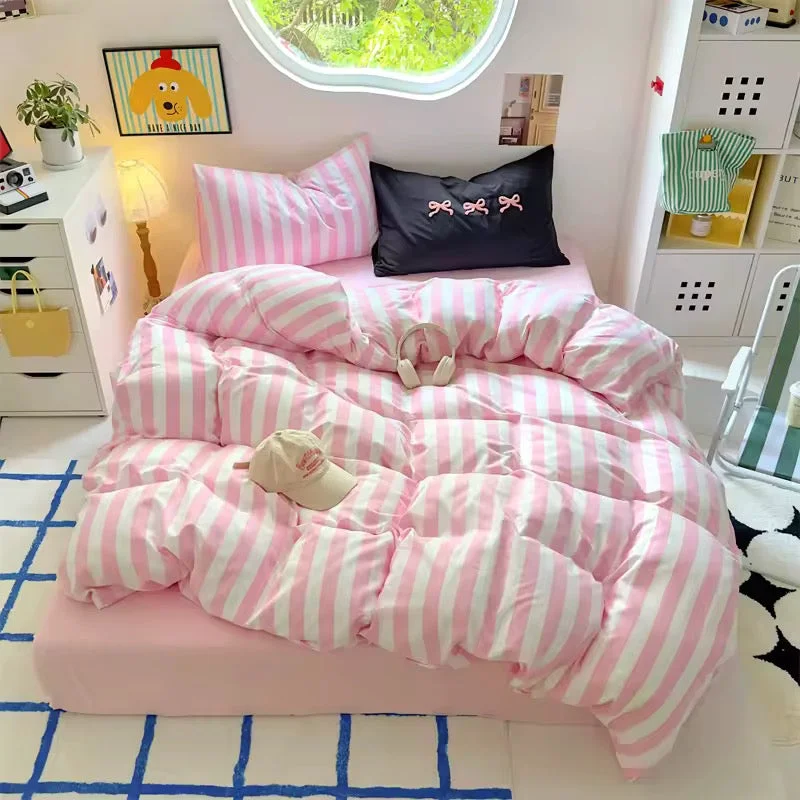 Certified Pink Striped Cotton Bedding Set Lightweight