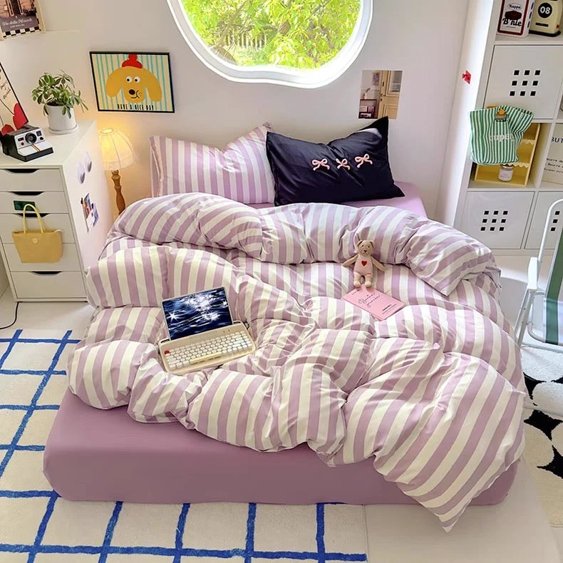 Prestigious Purple Striped Cotton Bedding Set High-Performance