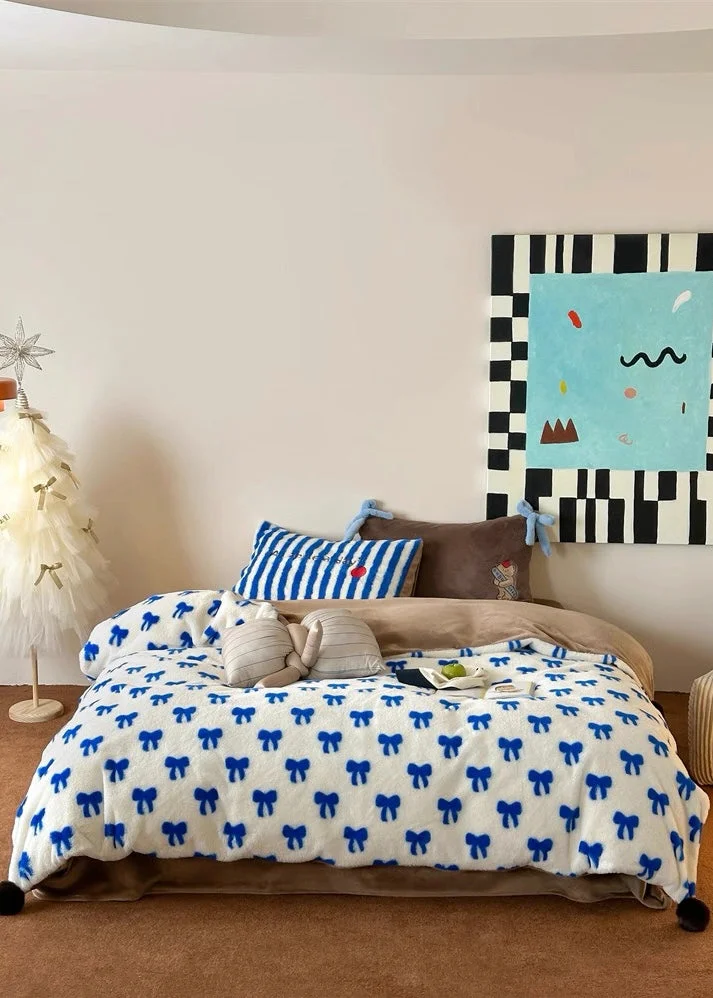 Modern Blue Bow Duvet Cover Set Reusable