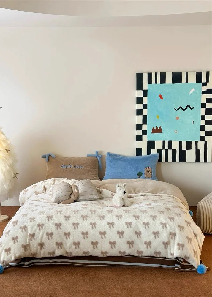 Powerful Beige Bow Velvet Bedding Set Official