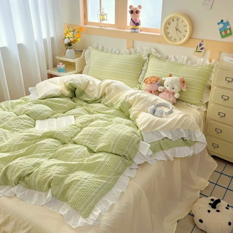 Verified Green Cream Ruffle Bedding Set Durable