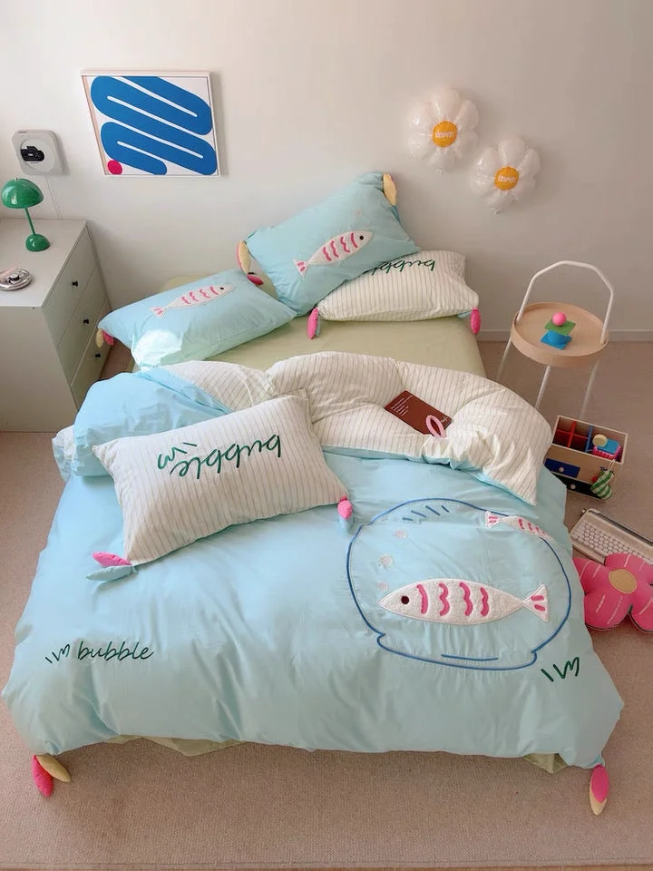 Authentic Blue Cartoon Fish Embroidered Bedding Set Fast