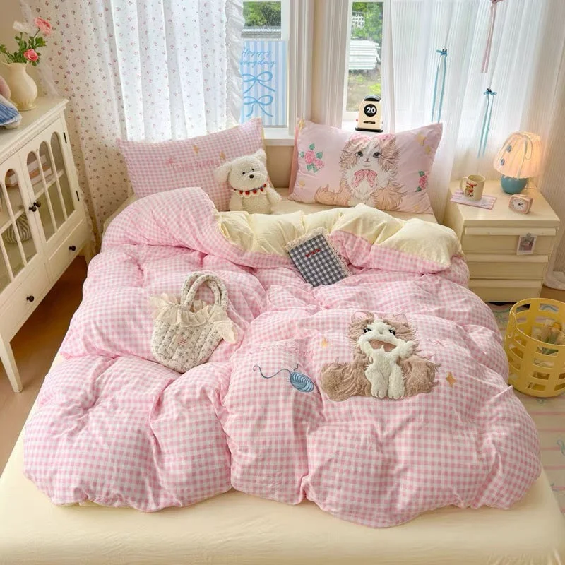 Smart Cute Kitty Pink Gingham Bedding Set Detailed
