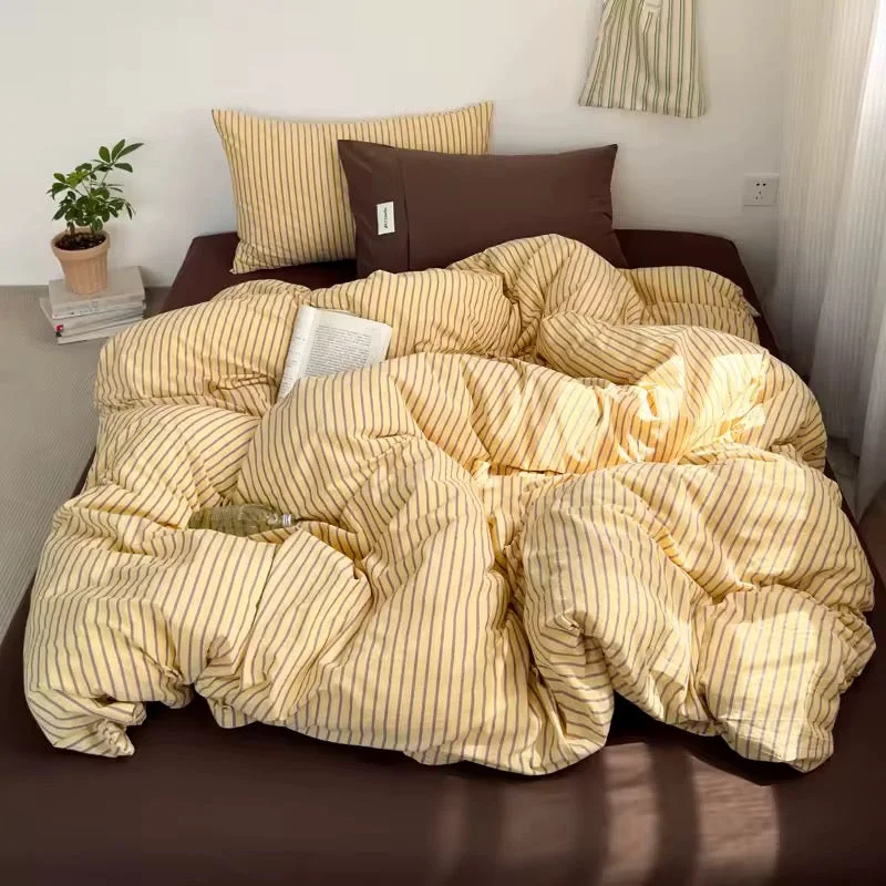 Official Yellow Brown Striped Cotton Bedding Set Outstanding