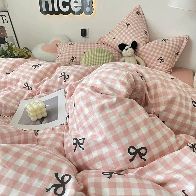 Verified Pink Plaid Bowknot Bedding Set Recyclable