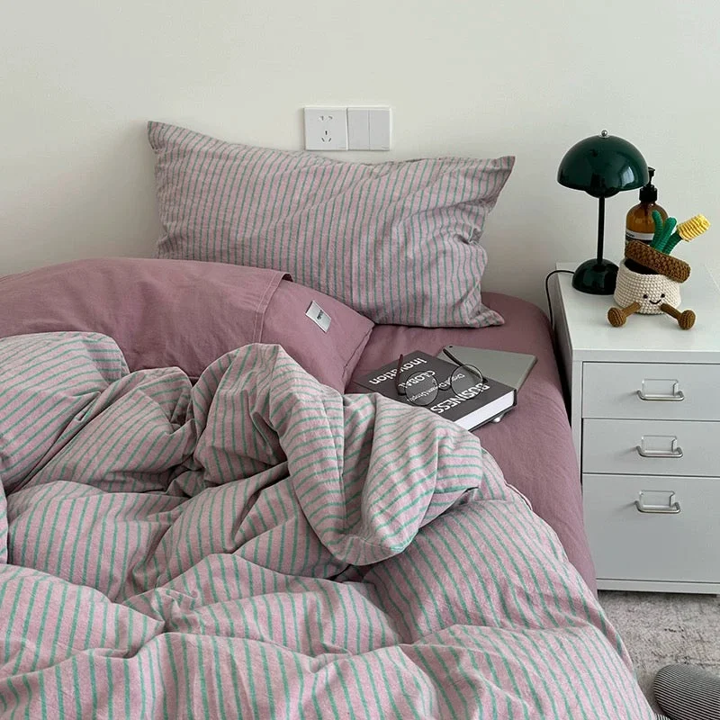 Carefully Designed Purple Striped Cotton Duvet Cover Set Original Design