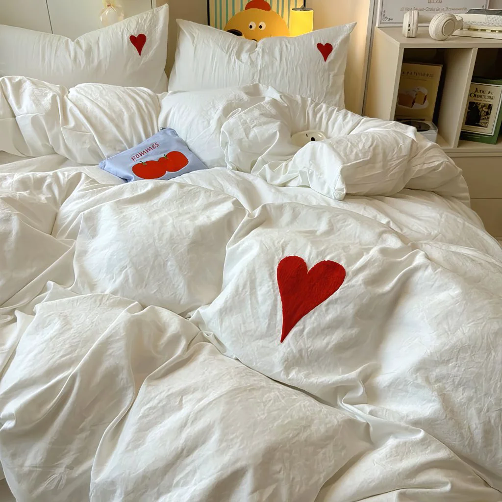 World-Class White Washed Cotton Bedding Set With Red Embroidered Heart Stylish