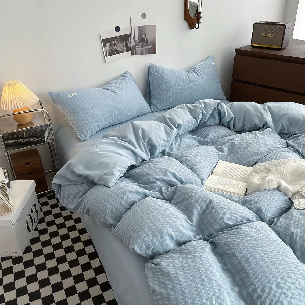 Breathable Waffle Striped Duvet Cover Bedding Set Pure