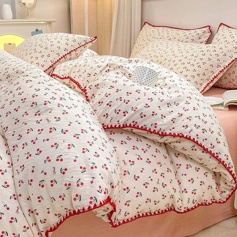 Exceptional Stitched Edge Red Cherries Bedding Set Quality