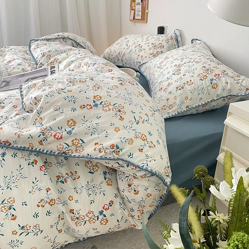 Minimalist Stitched Edge Blue Wildflowers Bedding Set Fast