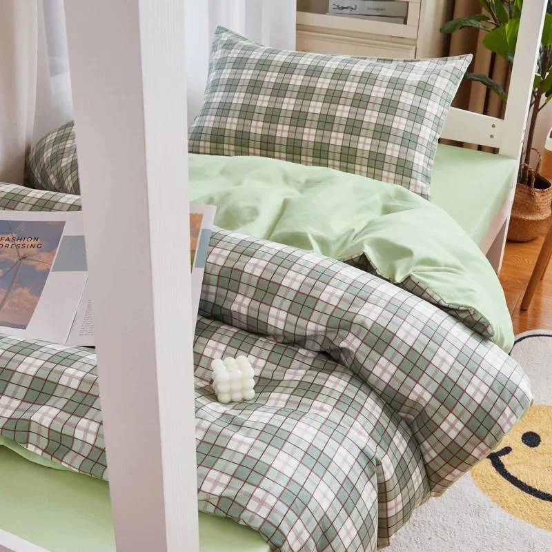 High-Grade Sage Green Plaid Dorm Bedding Set Contemporary