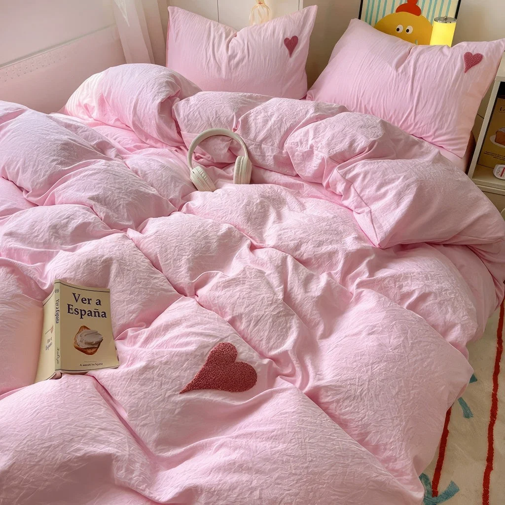 Healthy Pink Washed Cotton Bedding Set With Red Embroidered Heart Detailed