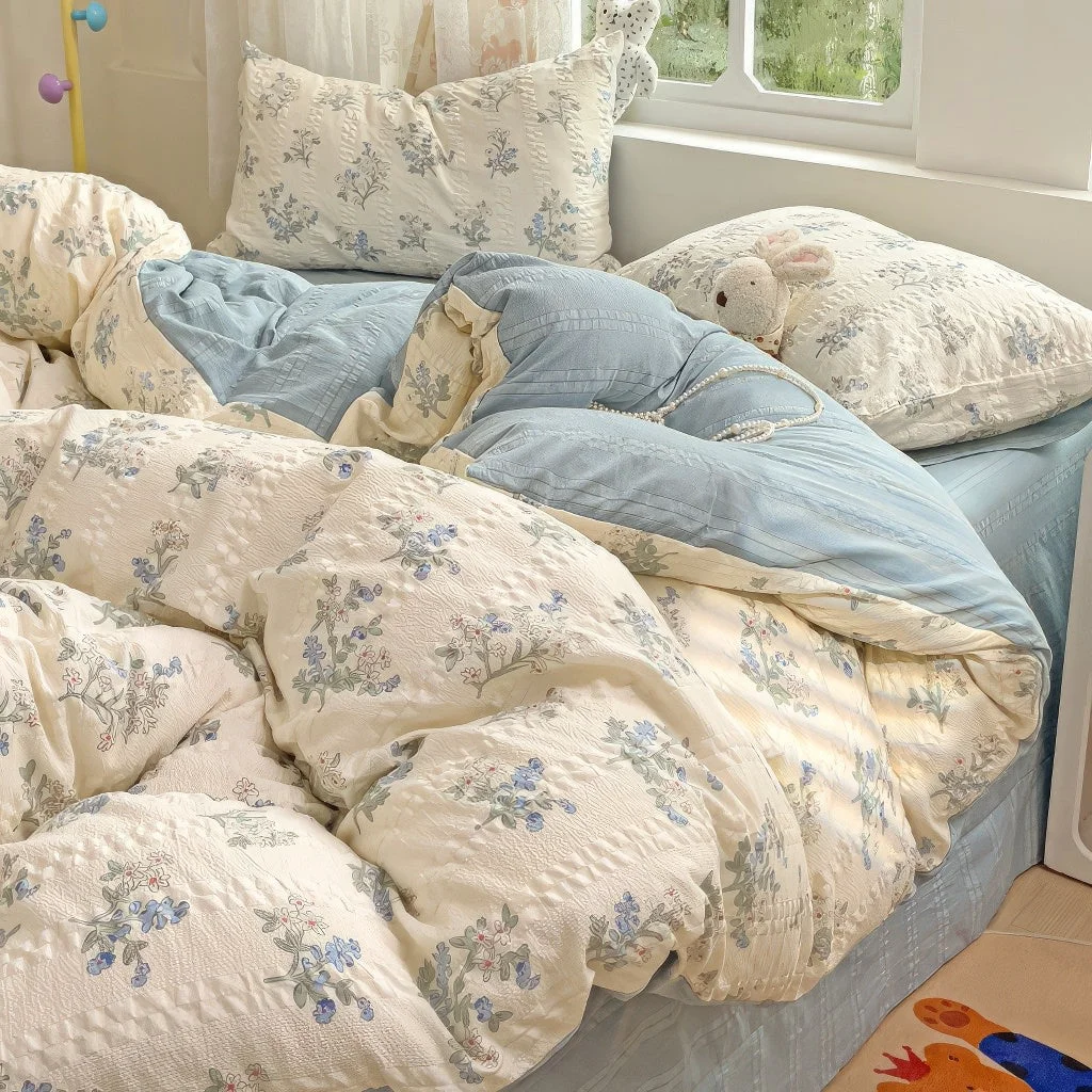 Green Pastel Blue Flowers Print Bedding Set Organic