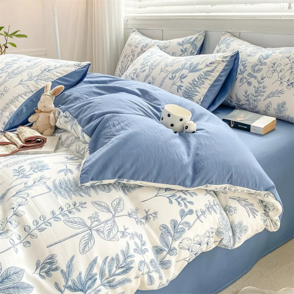 Sophisticated Monochrome Blue Wildflowers Print Bedding Set Natural