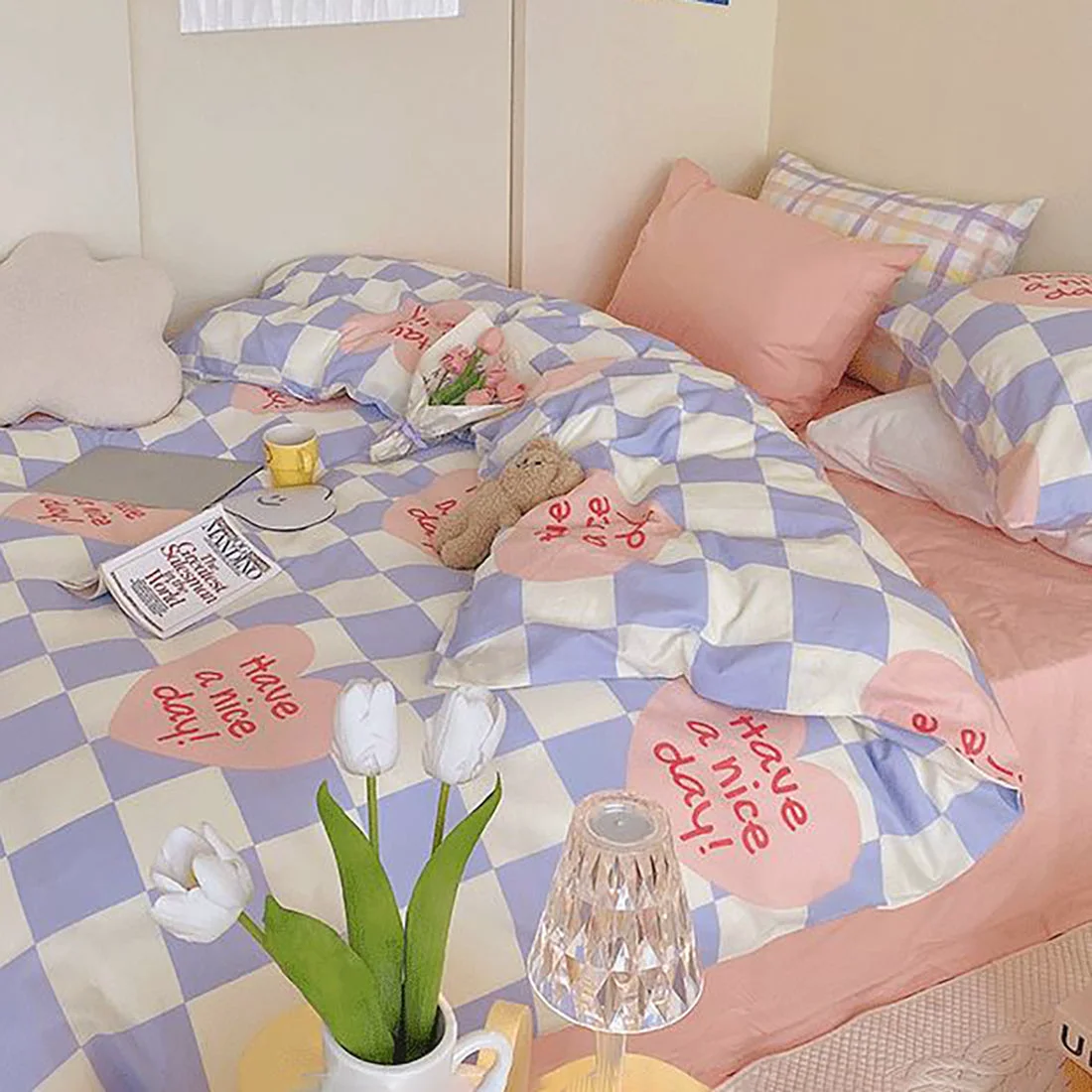 Fashionable Love Heart Checker Bedding Set Contemporary