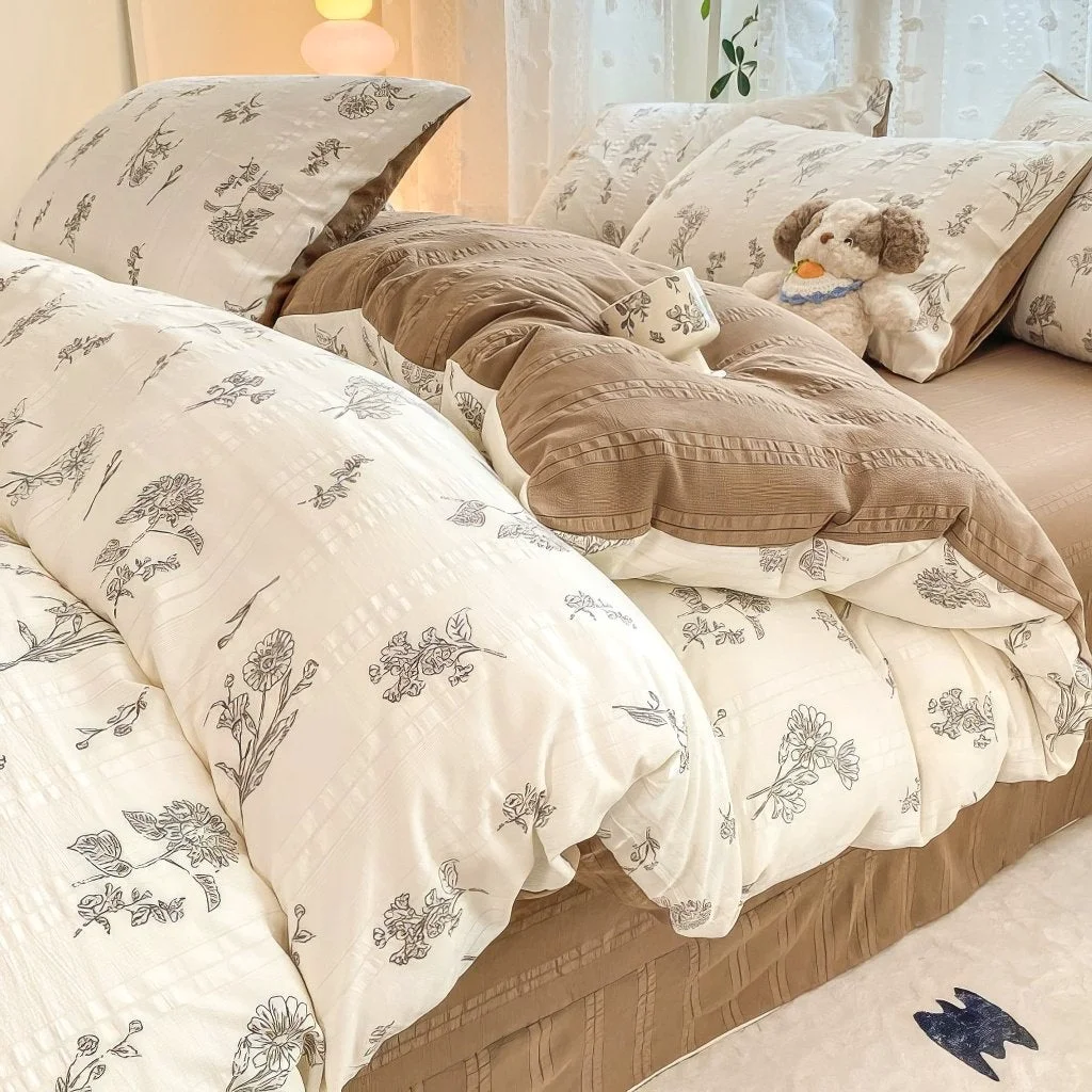 Recyclable Floral Print Vintage Creamy Bedding Set Top-Quality