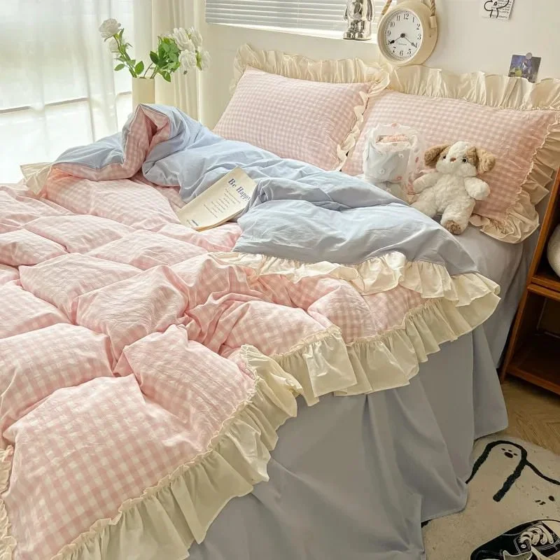 Lightweight Kawaii Pastel Plaid Ruffle Bedding Set Clean