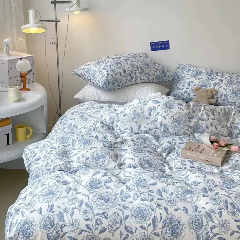 Responsible Blue Flowers Pattern Print Bedding Set Durable