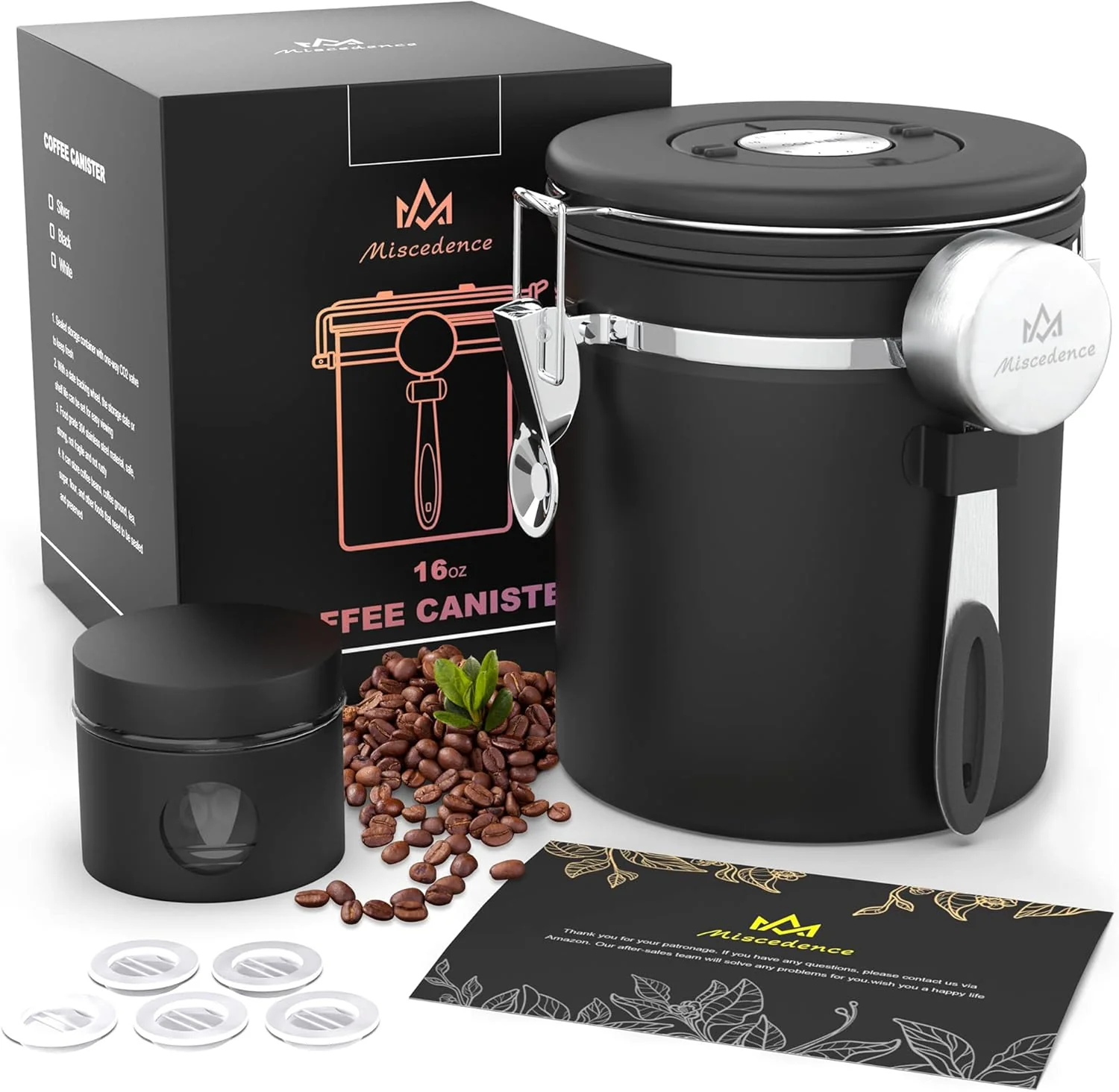 Official Coffee canister set for ground coffee with Date Tracker Co2 Valve Travel jar Stainless Steel Kitchen Food Airtight storage container for Coffee Beans or Grounds Tea Sugar 16oz-Black Safe