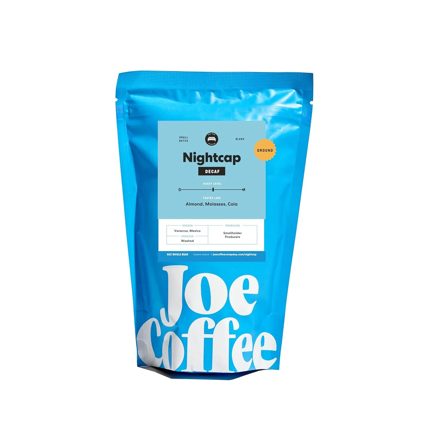 World-Class Joe Coffee Company - Nightcap Decaffeinated Ground Specialty Coffee 6 oz Bag NYC Roaster Rainforest Alliance Kosher Climate-Friendly Casual