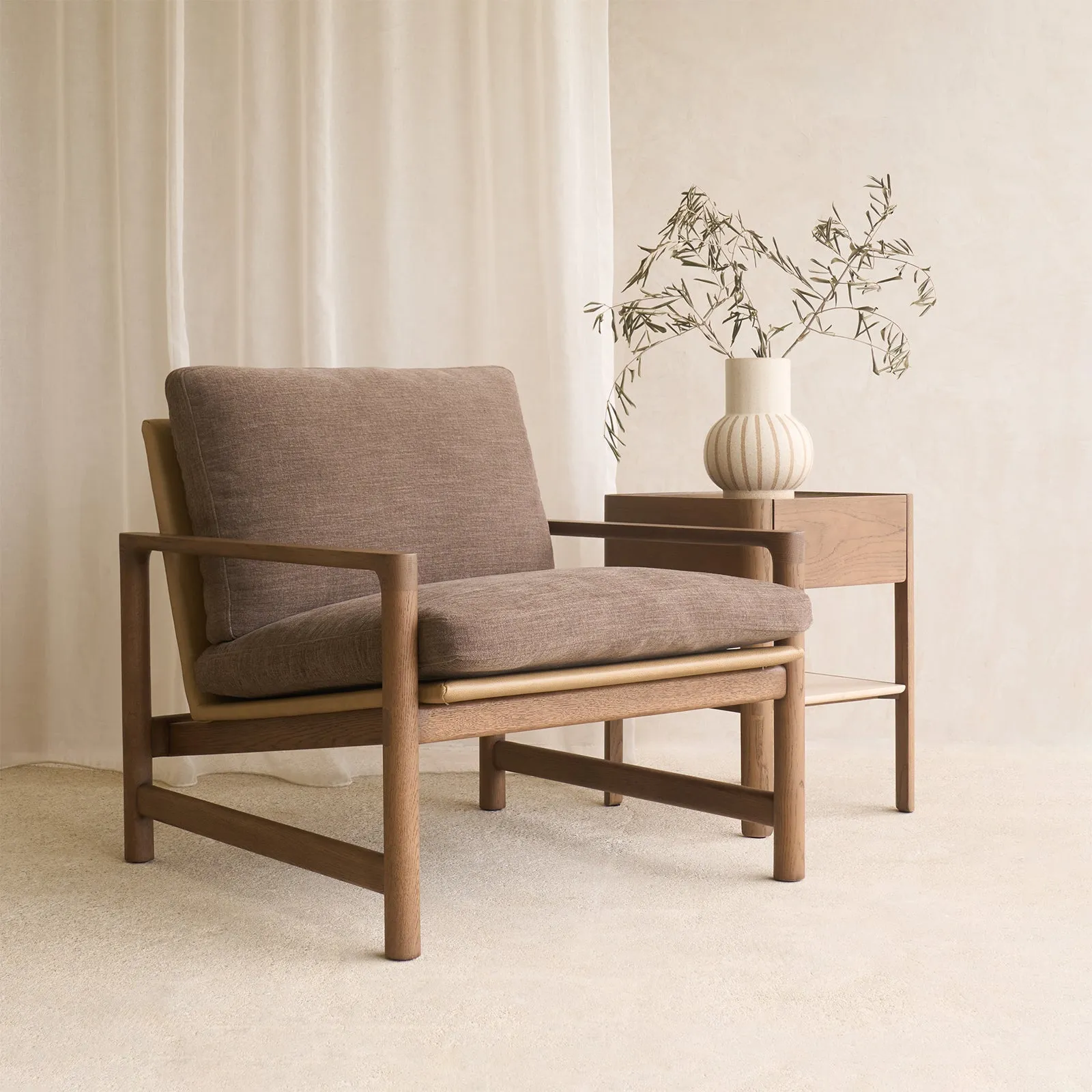Modern Troubadour Fabric Armchair Latte Oak Frame - Rich Earth Recyclable