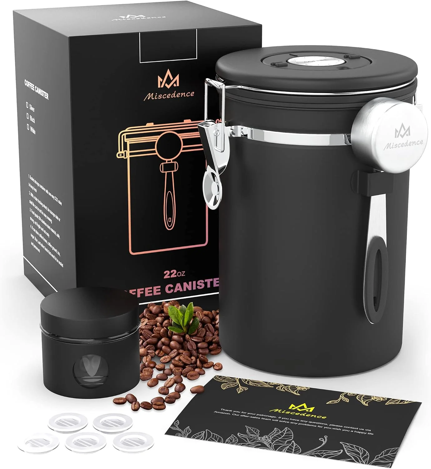 Refined Coffee canister set for ground coffee with Date Tracker Travel Coffee jar Stainless Steel Kitchen Food Airtight storage container for Coffee Beans or Grounds Tea Sugar 22oz-Black Casual