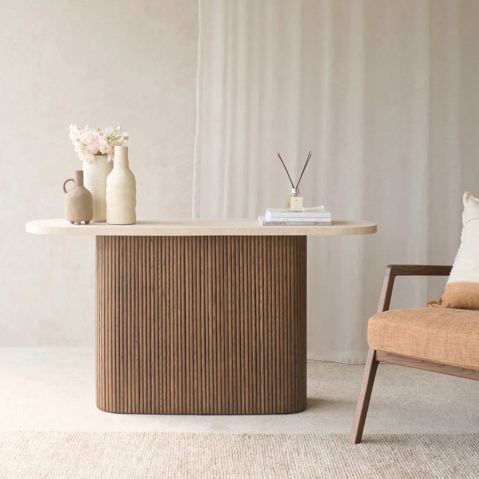 Practical Gion Console Travertine with Latte Oak Base 140cm Smooth