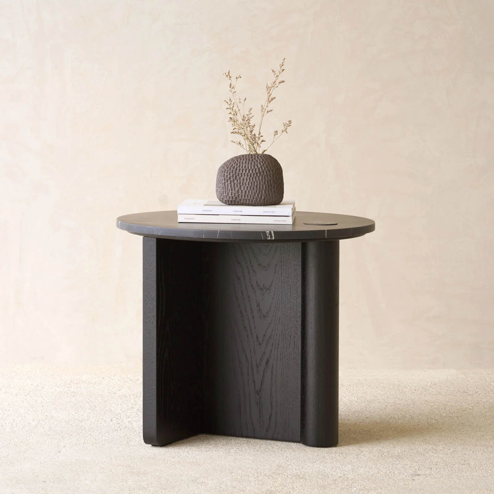 Fine Pivot Side Table Nero Marble with Black Oak Base 50cm Soft