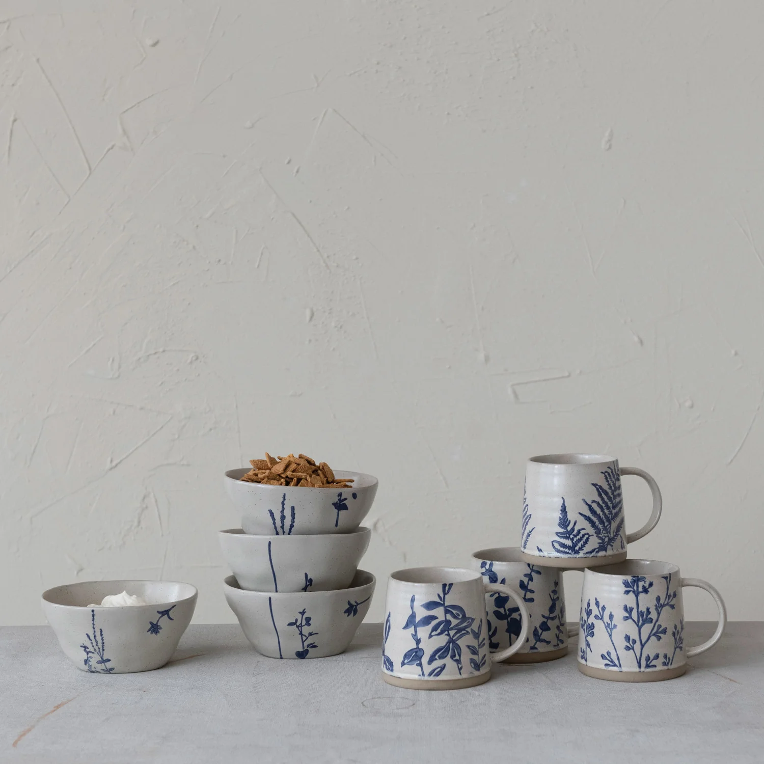 Stylish Hand-Stamped Botanical Stoneware Mug 16 oz Antique White Blue Coffee Mug Next-Generation