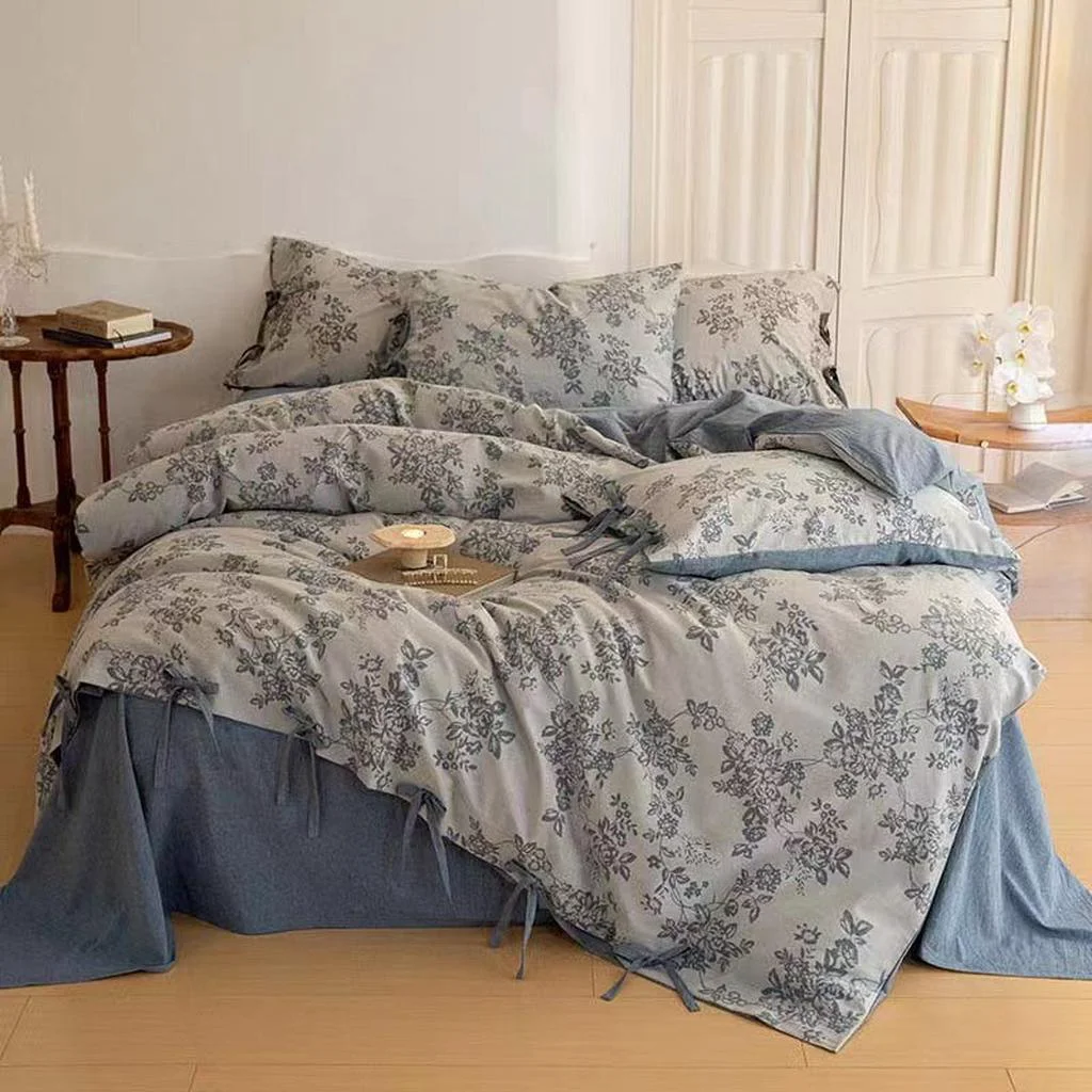 High-End Floral Jacquard Bedding Set with Bow Tie - Dusty Blue Consistent