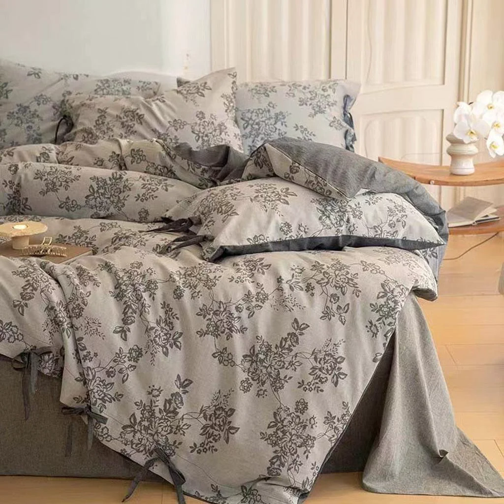 Next-Generation Floral Jacquard Bedding Set with Bow Tie - Grey User-Friendly